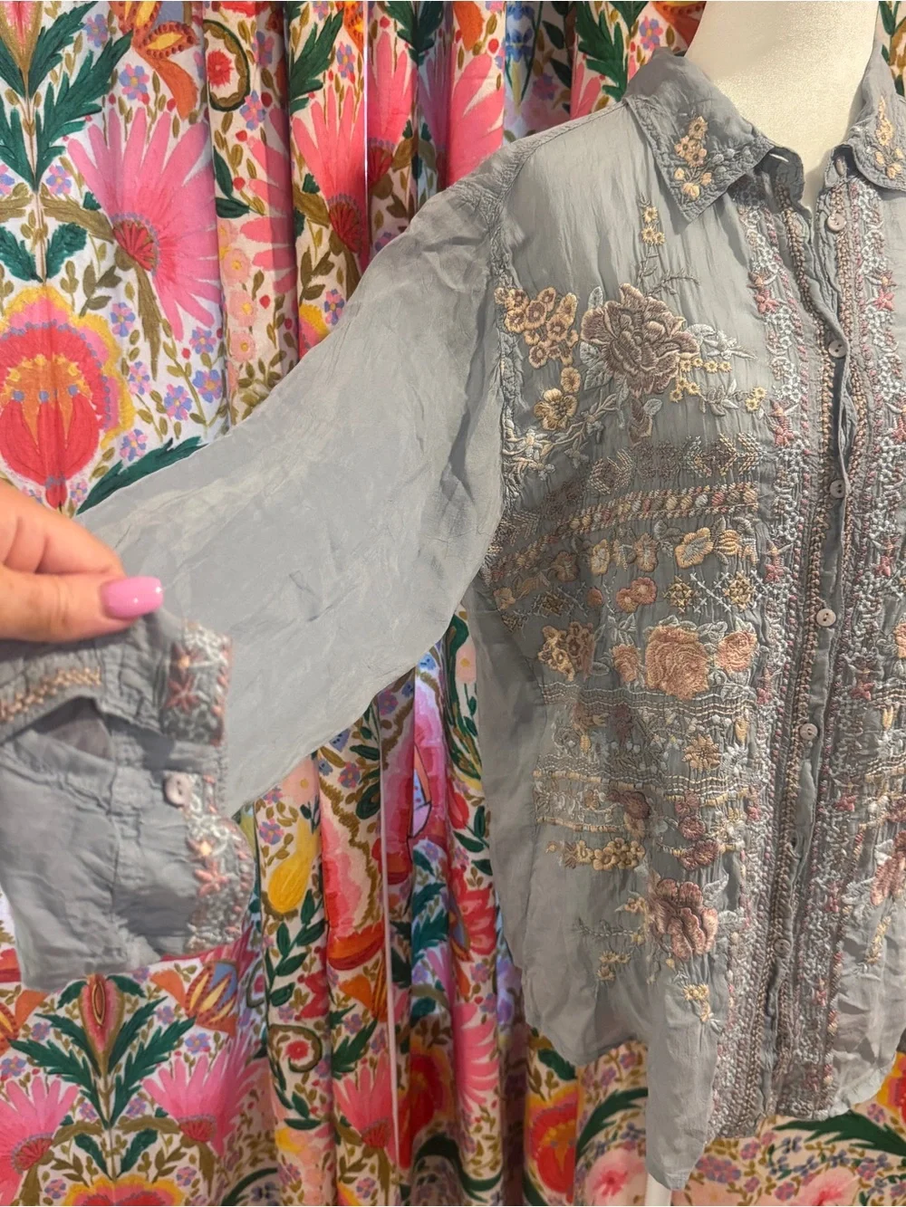 Johnny Was Gray Embroidered Button-Down Shirt with Pastel Floral Accents - Picture 3 of 5